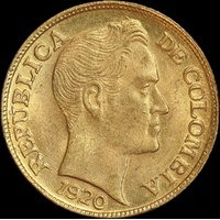 Colombia 1920 Gold 5 Pesos KM# 201.1 Uncirculated