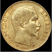 France 1859-BB Gold 20 Franc Napoleon KM#781.2 EF