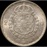 Sweden 1946 Silver 2 Kronor Gustaf V KM#815 Uncirculated