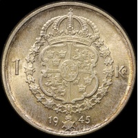 Sweden 1945 Silver 1 Krona Gustaf V KM#814 Uncirculated