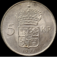 Sweden 1971 Silver 5 Kronor Gustaf VI Adolf KM#829 Uncirculated