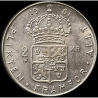 Sweden 1961 Silver 2 Kronor Gustaf VI Adolf KM#827 Uncirculated