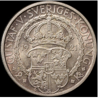 Sweden 1921 Silver 2 Kronor Gustaf V KM#799 Uncirculated