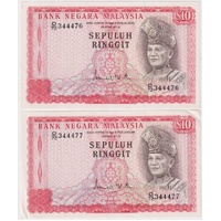 Malaysia 1967 10 Ringgit Consecutive Pair P# 3a GEF