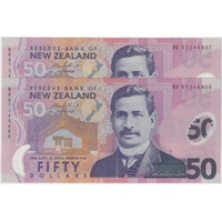 New Zealand 2007 Consecutive Pair of 50 Dollars Notes P#188b Uncirculated