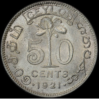 Ceylon 1921 Silver 50 Cents KM#109b Uncirculated