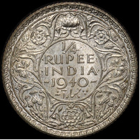 India (British) 1940 Silver 1/4 Rupee KM#544a Uncirculated