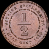 Straits Settlements 1916 Copper 1/2 Cent KM#28 Uncirculated