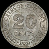 Malaya 1939 Silver 20 Cents KM#5 Uncirculated
