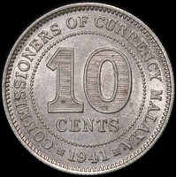 Malaya 1941 Silver 10 Cents KM#4 Uncirculated