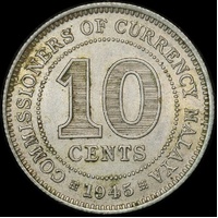 Malaya 1945 Silver 10 Cents KM#4a Uncirculated