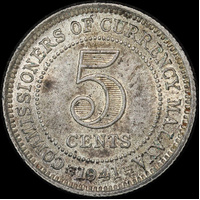 Malaya 1941 Silver 5 Cents KM#3 Uncirculated
