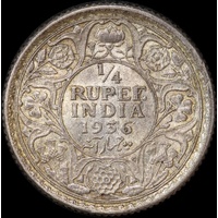 India (British) 1936 Silver 1/4 Rupee KM#513 about Uncirculated