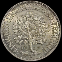 Germany (Weimar Republic) 1927-A Silver 5 Reichsmark KM#56 Uncirculated