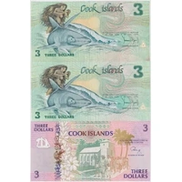 Cook Islands 1987 - 1992 Set of 3 $3 Notes Uncirculated