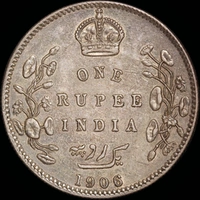 British India 1906 Silver Rupee KM# 508 EF