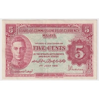 Malaya 1941 5 Cents P#7 good EF
