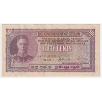 Ceylon 1942 50 Cents P#35 Extremely Fine