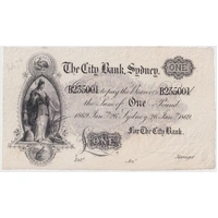 City Bank of Sydney 1869 1 Pound Unissued Specimen Note MVR# 2c Uncirculated