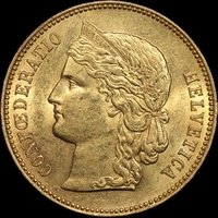 Switzerland 1890 Gold 20 Francs KM# 31.3 about Unc