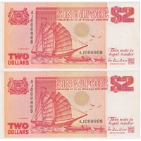 Singapore 1991 2 Dollars Consecutive Pair P#27 Uncirculated Fancy Serials