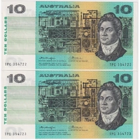 1976 $10 Note Consecutive Pair Gothic Serials Side Thread Knight/Wheeler R306B good EF