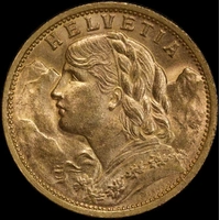 Switzerland 1909-B Gold 20 Francs Vrenli KM#35.1 Uncirculated