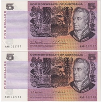 1967 $5 Note Consecutive Pair Coombs/Randall R202 Extremely Fine