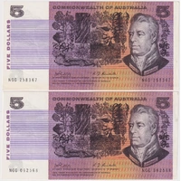 1969 $5 Note Consecutive Pair Phillips/Randall R203 Extremely Fine