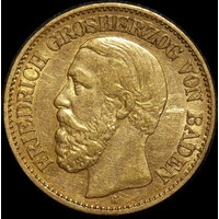German States (Baden) 1876-G Gold 10 Marks KM#264 Extremely Fine