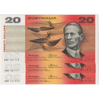 1976 $20 Note Consecutive Trio Gothic Centre Thread Knight/Wheeler R406a about Unc