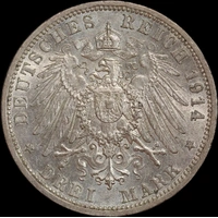German States (Prussia) 1914 Silver 3 Mark KM# 538 about Unc