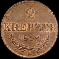 Austria 1848 Copper 2 Kreuzer KM# 2188 about Unc