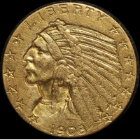 United States 1908 Gold 5 Dollar Half Eagle Indian about VF