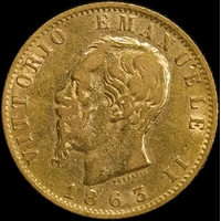 Italy 1863 Gold 20 Lire KM# 10.1 Very Fine