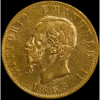 Italy 1865 Gold 20 Lire KM# 10.1 good VF