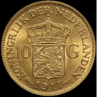 Netherlands 1917 Gold 10 Gulden KM# 149 Uncirculated