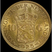 Netherlands 1925 Gold 10 Gulden KM# 162 about Unc