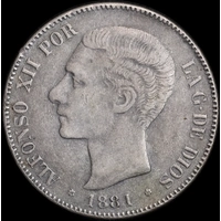 Spain 1881 Silver 5 Pesetas KM# 676 Very Fine