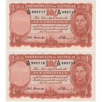 1949 Ten Shilling Consecutive Pair Coombs/Watt R14 about Unc