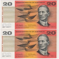 1968 $20 Note Consecutive Pair Coombs/Randall R402L good EF