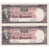 1960 Ten Pound Consecutive Pair Coombs/Wilson R63 good EF