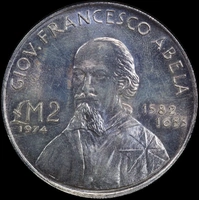 Malta 1974 Silver 2 Liri KM#24 Uncirculated Francesco Abela