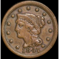 United States 1847 Copper Large Head 1 Cent KM#67 good VF