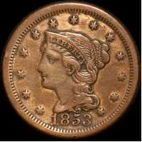 United States 1853 Copper Large Head 1 Cent KM#67 good VF