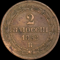 Italian States (Papal States) 1853-B Copper 2 Baiocchi KM#1344 Very Fine