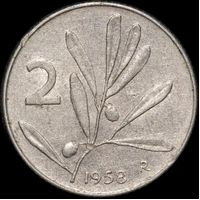 Italy 1958 Aluminium 2 Lire KM# 94 Extremely Fine