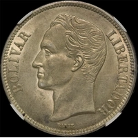 Venezuela 1921 Silver 5 Bolivares KM# 24.2 NGC MS62