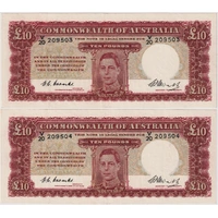 1949 Ten Pound Consecutive Pair Coombs/Watt R60 good EF
