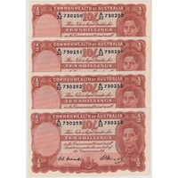1949 Ten Shilling Consecutive Run of 4 Coombs/Watt R14 good EF